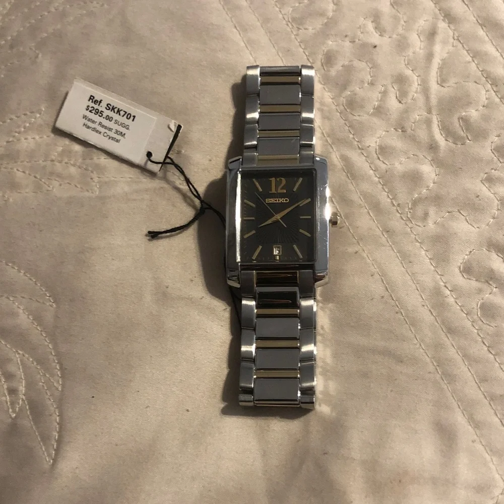 Seiko Men's Silver Stainless Steel Rectangular Watch with Black Dial